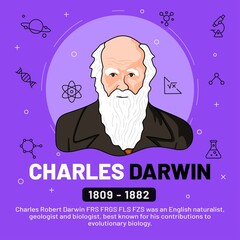 Vector illustration of famous personalities: Charles Darwin with bio - obrazy, fototapety, plakaty