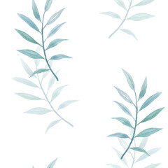 Watercolor patterns with palm leaves. Hand painted exotic greenery branch. For design, print or background.