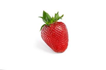 Strawberries isolated. Whole strawberries with leaves on a white background. Label for strawberry jam or refreshing summer strawberries. Close up side view