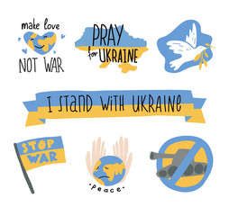 No war in Ukraine. Sticker and elements. Ukraine map and flag. Support for Ukraine. Peace lettering. stop war doodle vector collection.