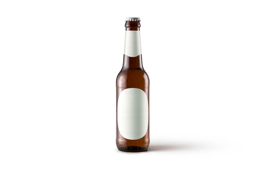 Bottle and glass of beer mockup isolated on white background. Cold malted beverage with large head. 3d rendering.
