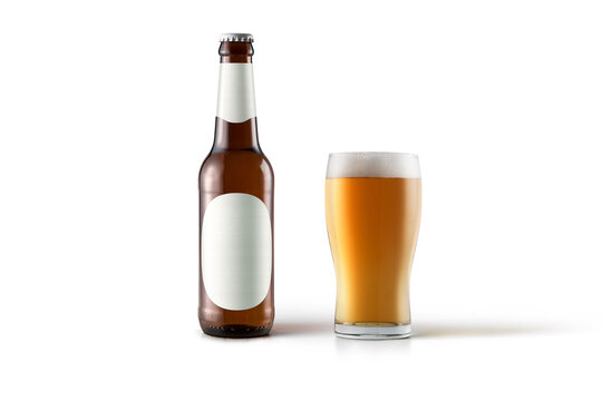 Bottle and glass of beer mockup isolated on white background. Cold malted beverage with large head. 3d rendering.