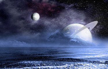 Fantasy Moonrise on another planet. Elements of this image furnished by NASA - 493180951