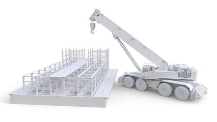 Crane builds a wooden house on a white background. 3d rendering.