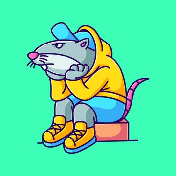 bored mouse sitting on a box vector illustration. cartoon mouse wearing clothes