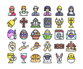 Simple set of 30 Easter icons in detailed outline color style