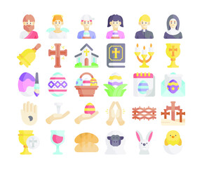 Simple set of 30 Easter icons in detailed flat style