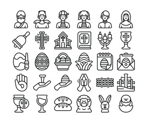 Simple set of 30 Easter icons in detailed outline style