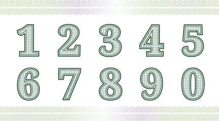 Guilloche numbers or letters with diploma certificate money grid texture.