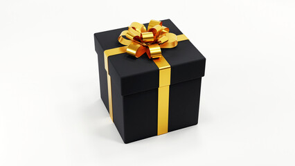 black gift box with gold bow on white background 3D render