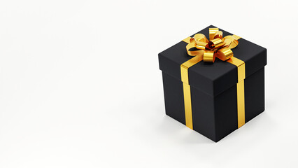 black gift box with gold bow on white background 3D render
