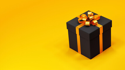 black gift box with gold bow on yellow background 3D render