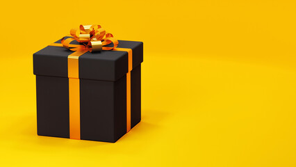 black gift box with gold bow on yellow background 3D render