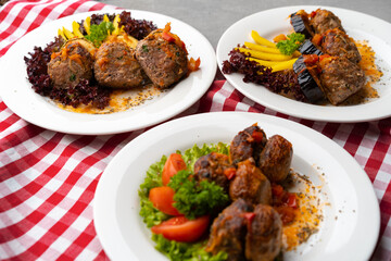 Cooked meat with fresh vegetable salad on a white plate
