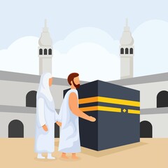 Islamic hajj pilgrimage. People are walking around the Kaaba. Flat vector illustration