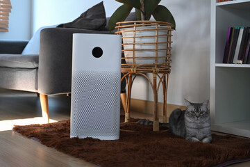Cute cat and Air purifier with digital monitor screen on floor in living room. Air Pollution...
