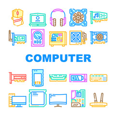 Computer Accessories And Parts Icons Set Vector. Computer Mouse And Keyboard, Video And Audio Card, Hdd And Ssd Electronic Disk, Ram And Cpu Motherboard Component Color Illustrations