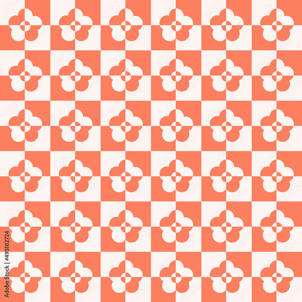 Poster checkerboard monochrome seamless pattern with cut geometric shaped flowers. colorful aesthetic vecto