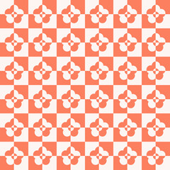 Checkerboard monochrome seamless pattern with  cut geometric shaped flowers. Colorful aesthetic vector background in retro style 60s, 70s.