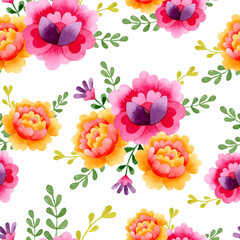 Colorful Mexican traditional flowers watercolor seamless pattern
