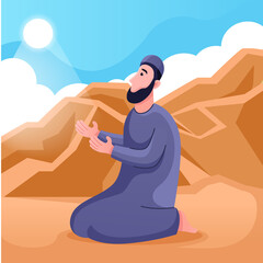 Fototapeta na wymiar Muslims wukuf pray on Islamic hajj pilgrimage. Flat vector illustration