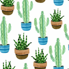 Watercolor Mexican cactuses seamless pattern 