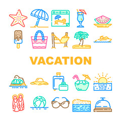 Summer Vacation Enjoying Traveler Icons Set Vector. Hammock And Umbrella For Resting Summer Vacation, Exotic Cocktail And Tropic Fruit Food For Enjoy On Sandy Beach Color Illustrations