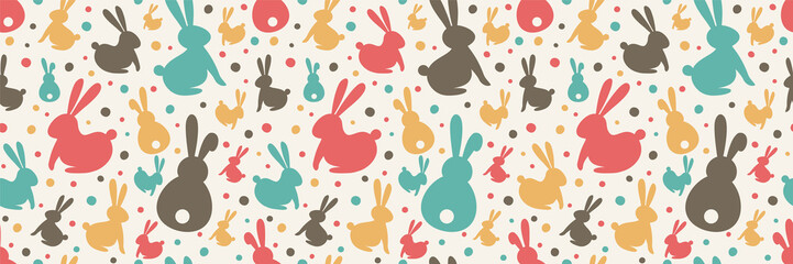Easter composition with colourful bunnies. Seamless pattern. Banner. Vector