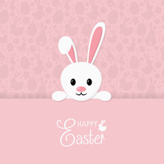 Fototapeta premium Easter composition with cute bunny on pink background. Greeting card. Vector