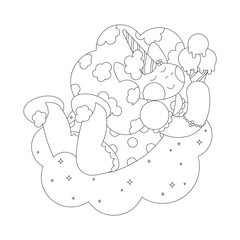 Coloring page with the fairy unicorn. Cartoon fantasy creature. Cute line art design for nursery poster, print, kids apparel. Vector illustration. Isolated.