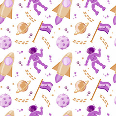 Seamless pattern with astronauts in space, drawn elements in flat style. People in outer space. Planets, stars and rocket. Flag. Vector in cartoon style on white background.