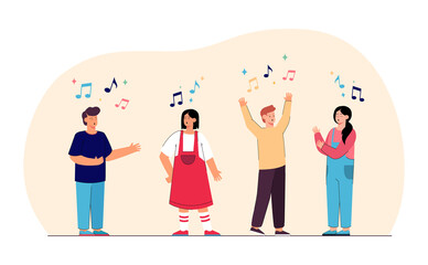 Cartoon boys and girls singing in church choir or karaoke. Group of kids performing songs, activities for children flat vector illustration. Performance, friendship, music concept for website design