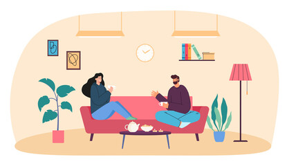 Couple sitting and drinking coffee on sofa at home. Romantic characters talking, eating, room or apartment in hygge or Scandinavian style flat vector illustration. Love, interior or furniture concept