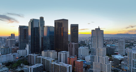 Los angeles panoramic city. Los Angeles downtown skyline, downtown skyline at sunset.