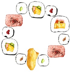 手描き水彩の太巻・細巻・おいなり・赤飯イラスト正方形フレーム・円