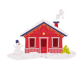 Red Winter House and Country Cottage with Roof Covered with Snow and with Christmas Decoration Vector Illustration