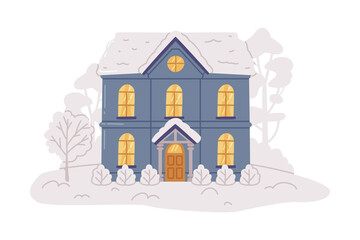 Winter House and Country Cottage with Roof Covered with Snow and Tree in the Yard Vector Illustration