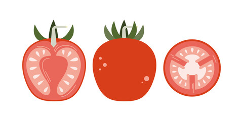 Red tomato organic product cut across and along. Juicy fruit berry vegetable. Vector illustration in flat style. 