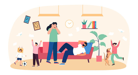 Tired mother and father with three happy children and dog. Big family with parents and kids flat vector illustration. Family, stress, parenting concept for banner, website design or landing web page