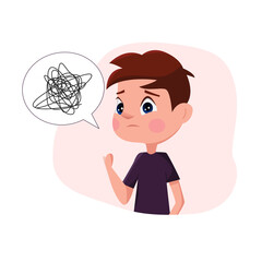 Mental health concept. The little boy is upset or sad. Concept of orphan kid. Vector illustrations on white background.