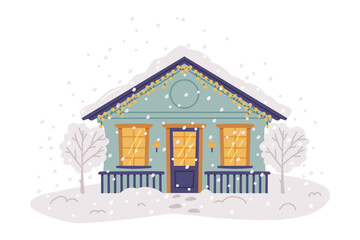 Winter House and Country Cottage with Roof Covered with White Snow and Lighting Window Vector Illustration