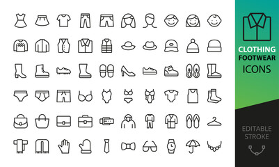 Clothing and footwear isolated icons set. Set of fashion clothes and goods, sexy lingerie and underwear, stylish accessories, hats, running boots, shoes, apparel, sport suit, garment vector icons