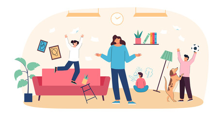 Chaos in room with calm mother and adorable naughty children. Female person with mischievous kids flat vector illustration. Family, motherhood concept for banner, website design or landing web page