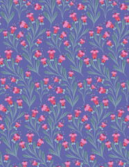 Seamless pattern with small red flowers on curled stems with folk arts on lilac background. Vector texture with floral arrangement