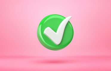 Green check mark. Approval sign on pink background