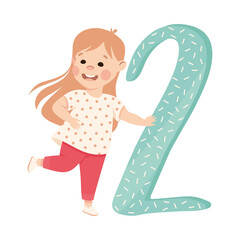 Little Girl with Huge Number Two or Numeral Learning Basic Counting Vector Illustration