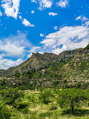 Fototapeta na wymiar View of the mountain village of Gunib. Dagestan, Russia June 2021.