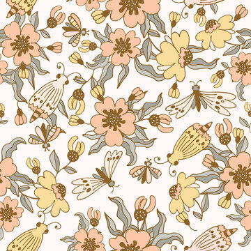 Modern floral pattern, large flowers, and butterflies. Seamless pattern. Modern design for paper, cover, fabric, decor, print. On an isolated white background pastel colors.