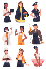 Young Woman of Different Profession Like Firefighter and Police Officer Vector Set
