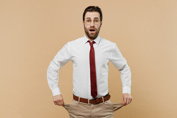 Young sad poor shocked employee business man corporate lawyer 20s wear classic formal white shirt...